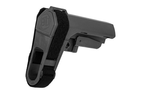 The SB Tactical SBA3 pistol brace features a stealth grey polymer and rubber construction